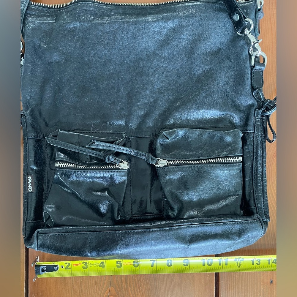 Tano Distressed Black Leather Hobo Bag Many Pockets Double Strap Purple Lining - Picture 5 of 8